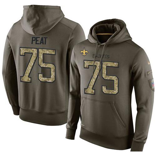 NFL Men's Nike New Orleans Saints #75 Andrus Peat Stitched Green Olive Salute To Service KO Performance Hoodie - Click Image to Close